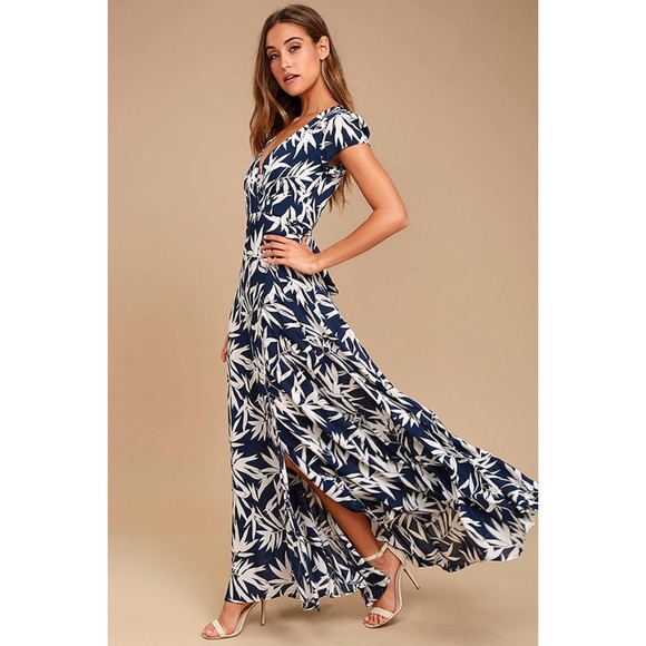 Amuse Society Provence Navy Blue White Print Wrap Maxi Dress Womens Size Small - Picture 2 of 12